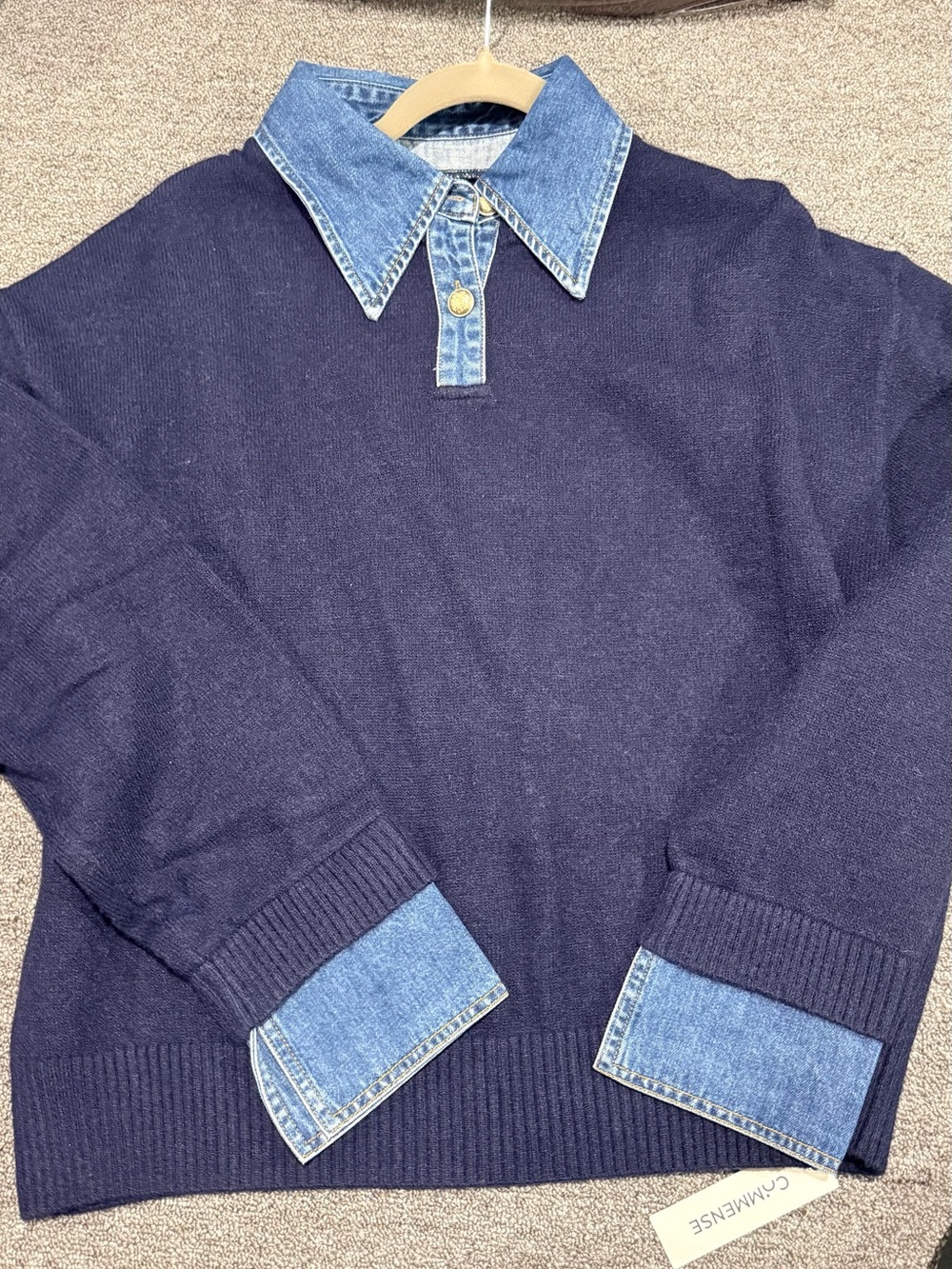 COMMENSE Navy Sweater with Denim Collar - Classic Layered Look